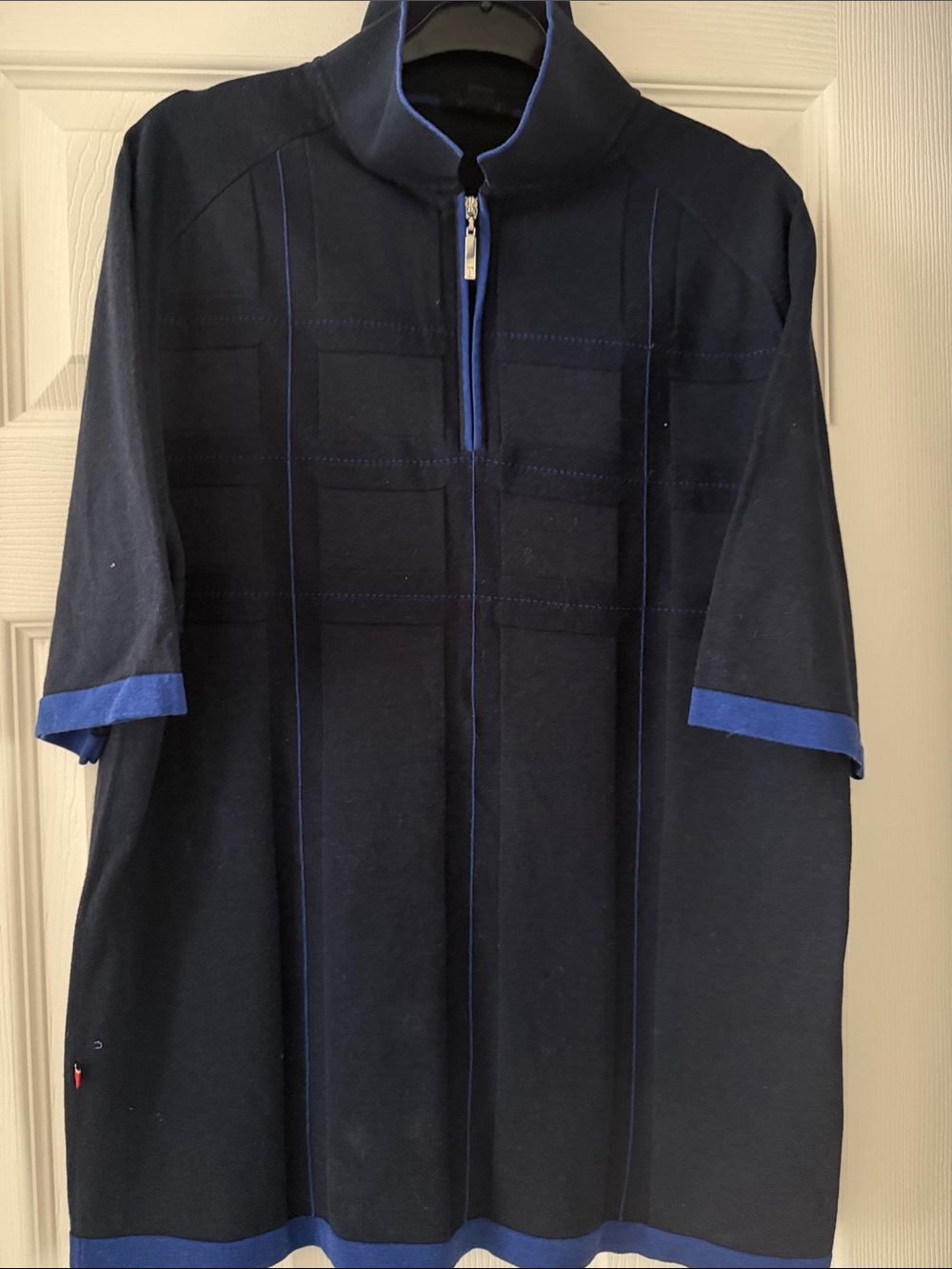 TORRAS Zip-Up Short Sleeve Sweater with Royal Blue Trim